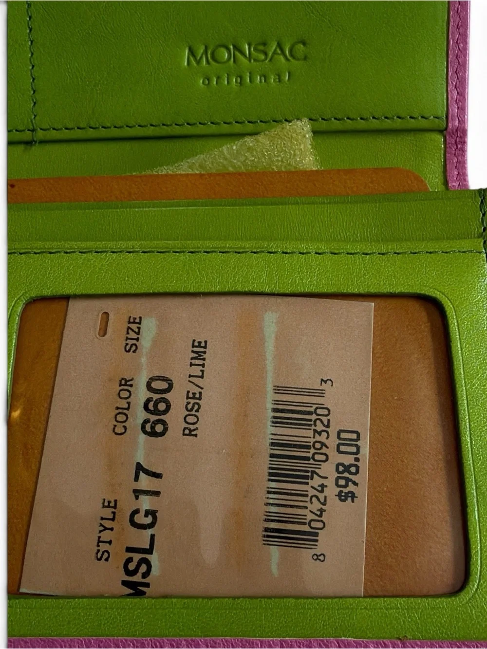 Vintage Monsac Hot Pink Lime Green Leather Tri Fold Wallet Colorblock Y2K Retro